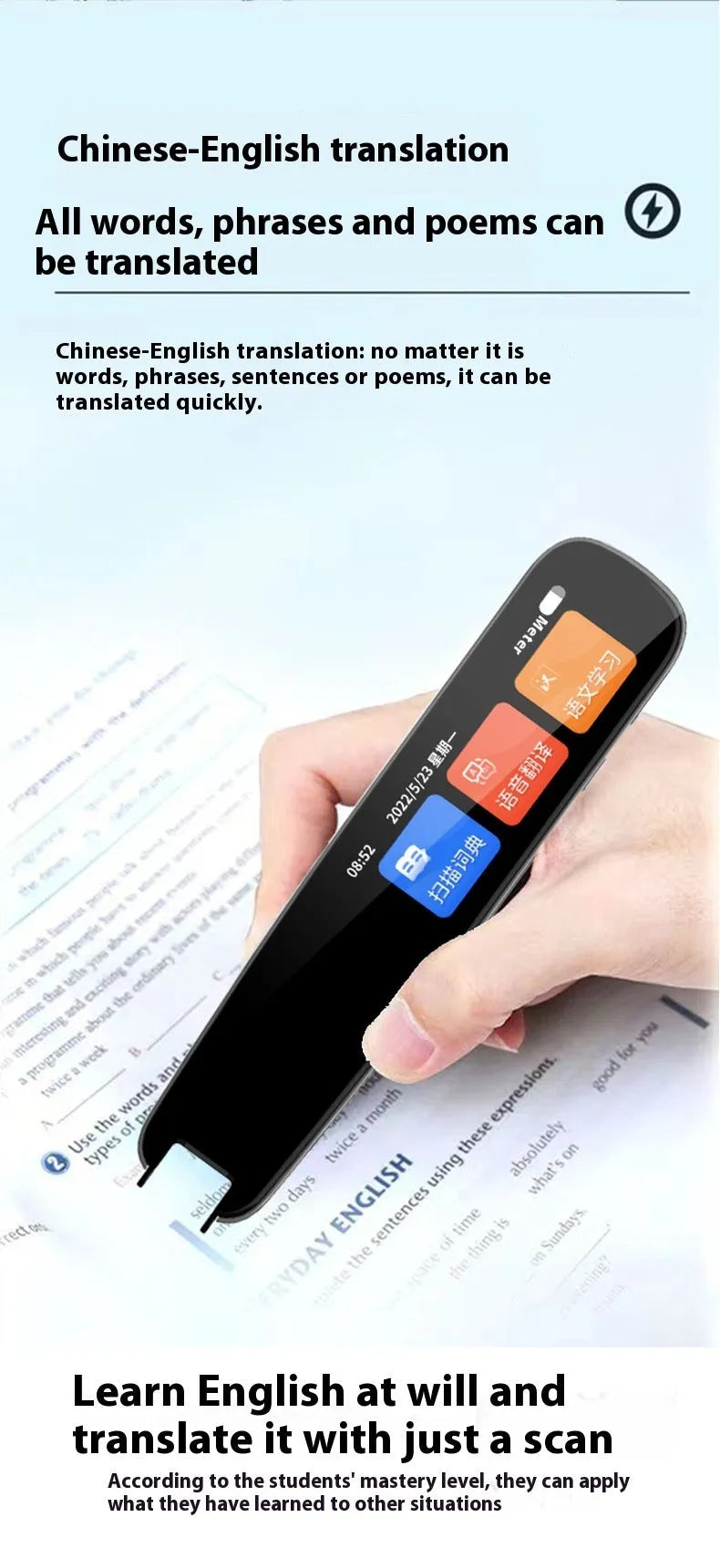 Universal talking pen for offline English scan translation in dark grey or white colours
