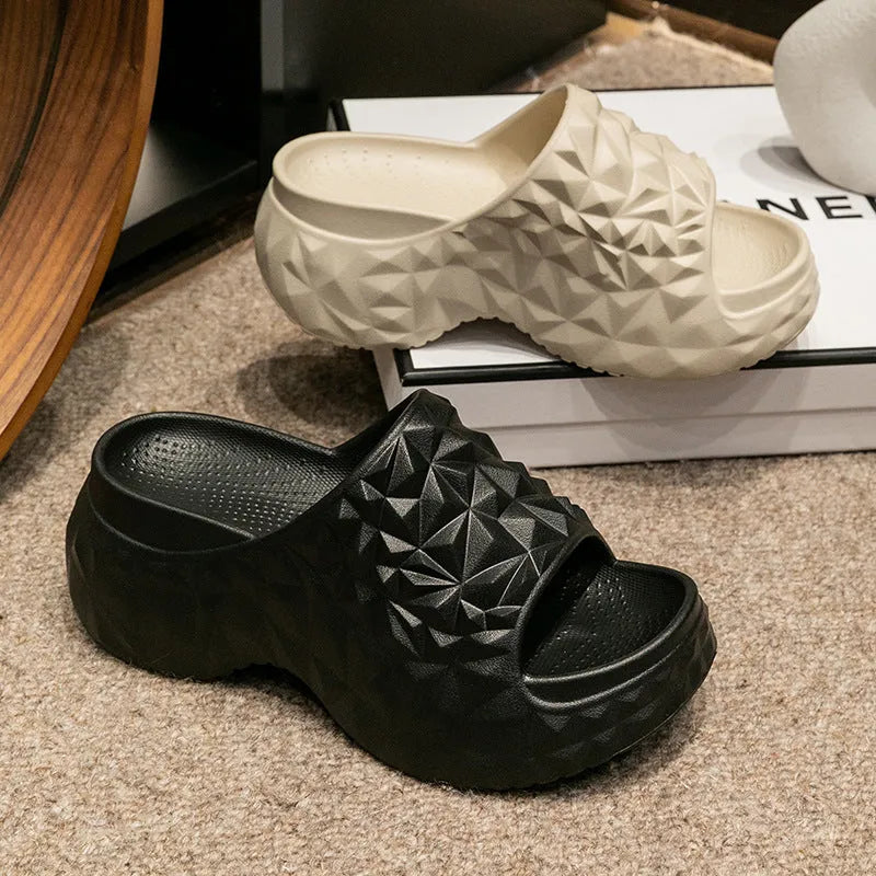 High heel Eva slippers with thick sole in khaki, black or white colours, showing flip-flop style design