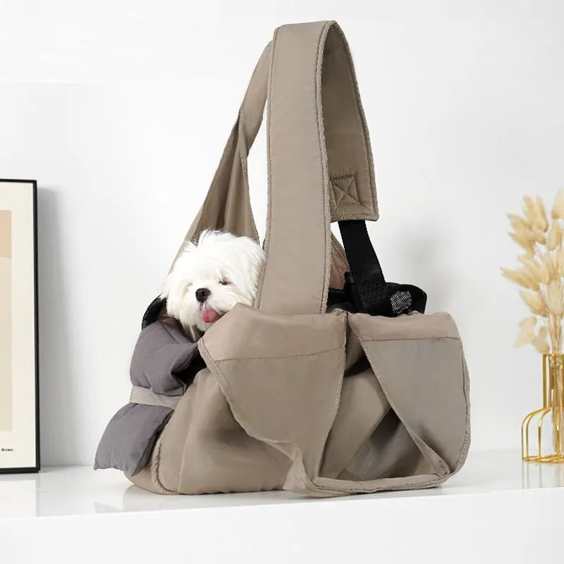 Apricot cloth pet carrier handbag showing dimensions and breathable construction