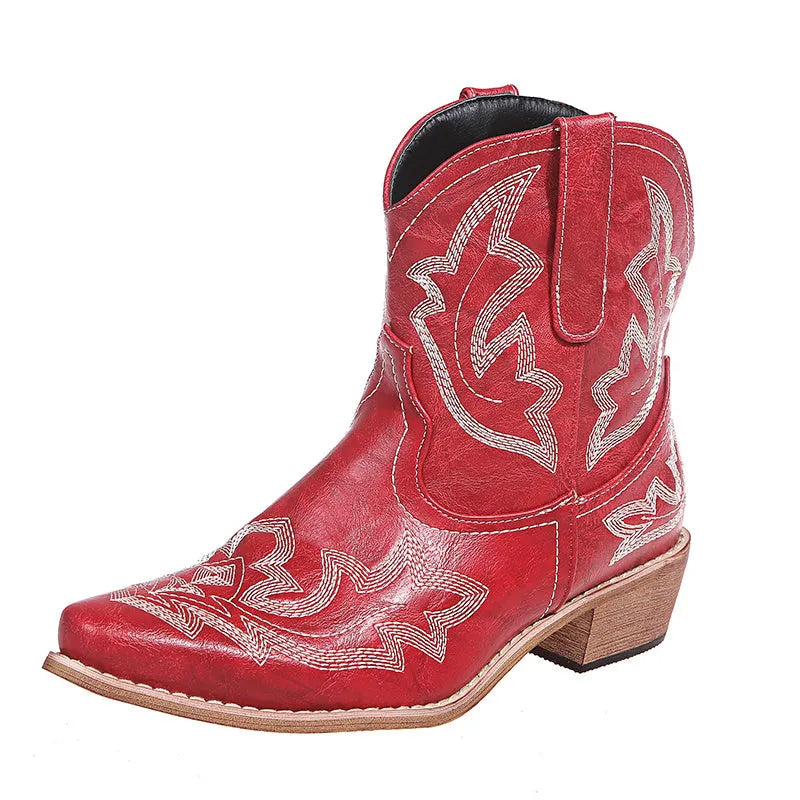 Women's blue embroidered cowboy boots with wedge heel and pointed toe