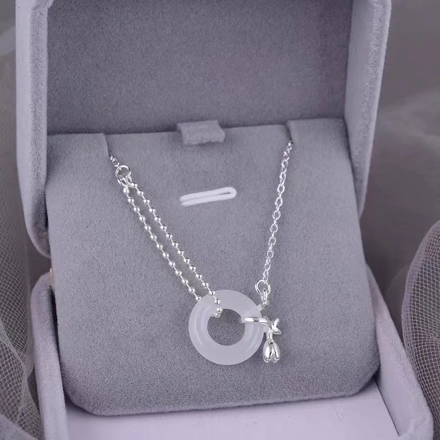 925 silver tulip white jade peace buckle necklace with cross chain on woman
