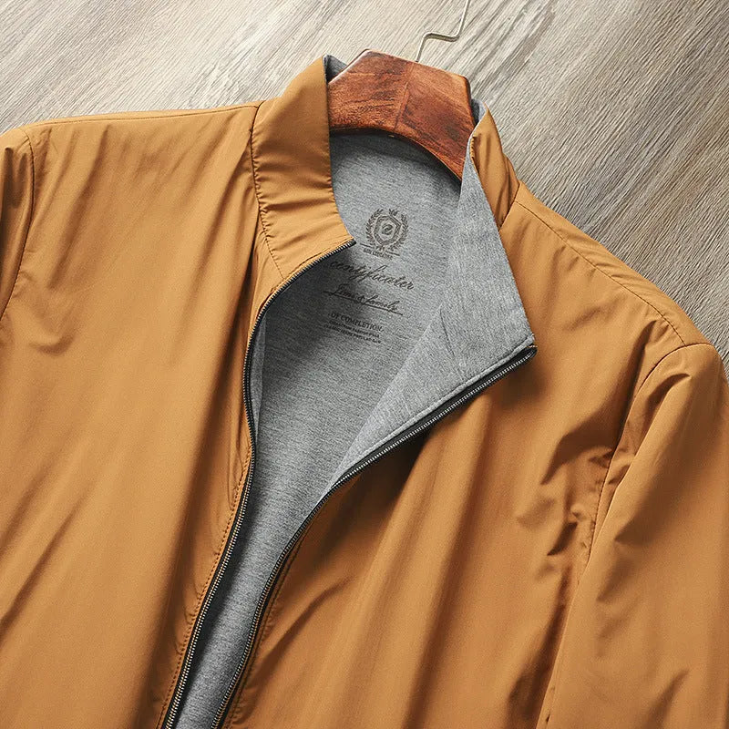 Men's simple stand collar casual jacket in a polyester blend fabric, shown in one of four available colours.