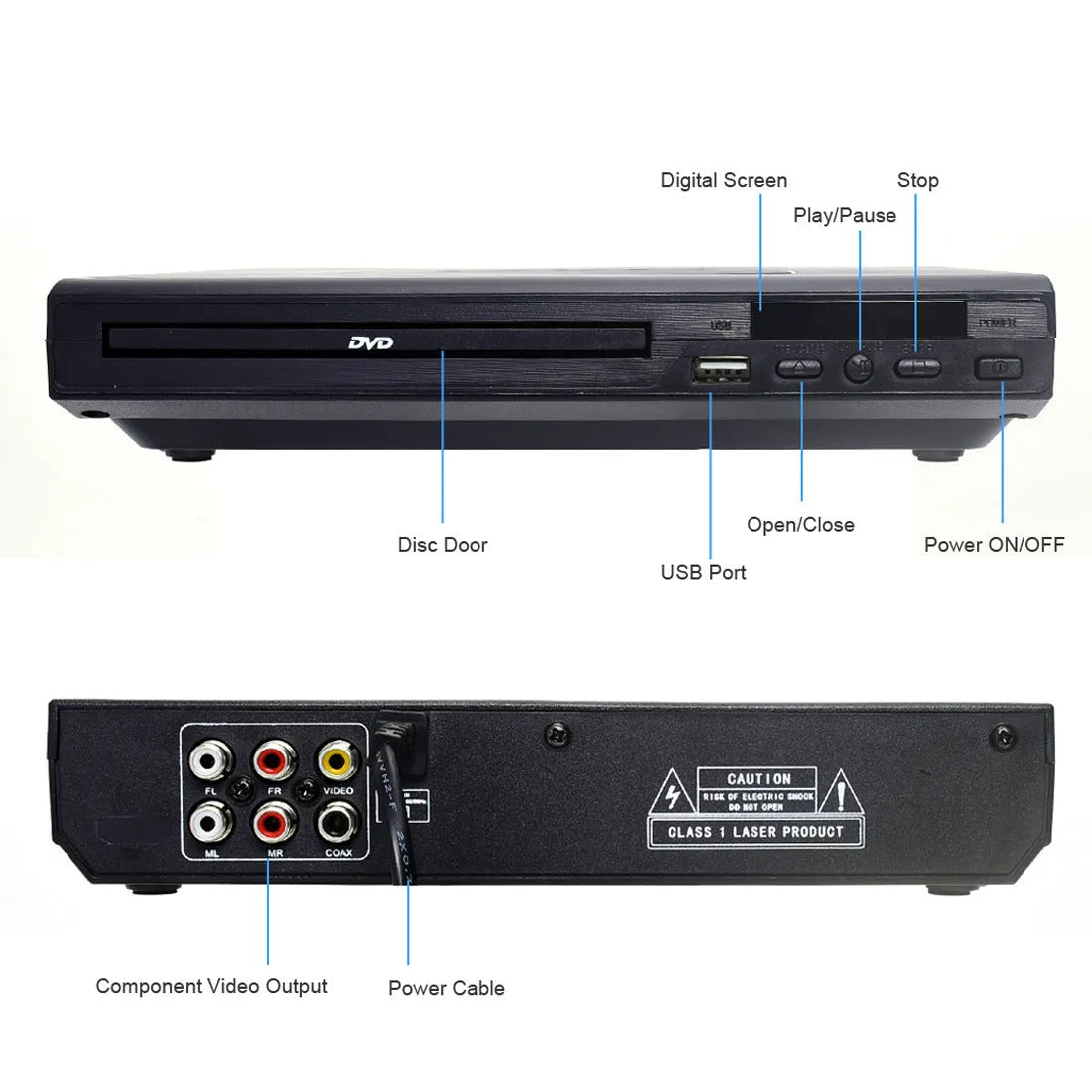 Home DVD Mini HD Player DVD-225 compact 22.3cm front view with remote control and disc tray