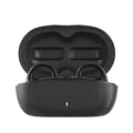 True wireless bone conduction Bluetooth headset in black with clip-type ear hooks and charging case