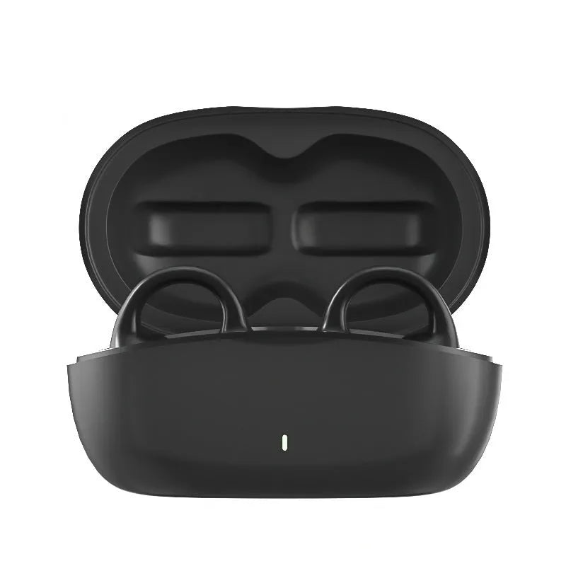 True wireless bone conduction Bluetooth headset in black with clip-type ear hooks and charging case