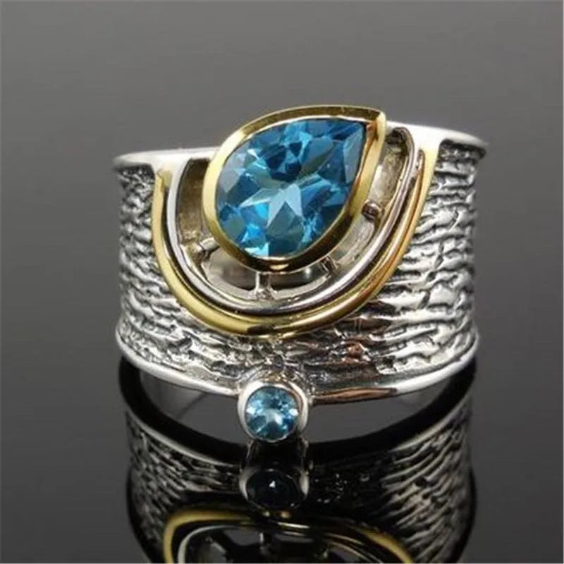 Women's blue Chinese style rhinestone zircon ring with drop shape design on alloy base