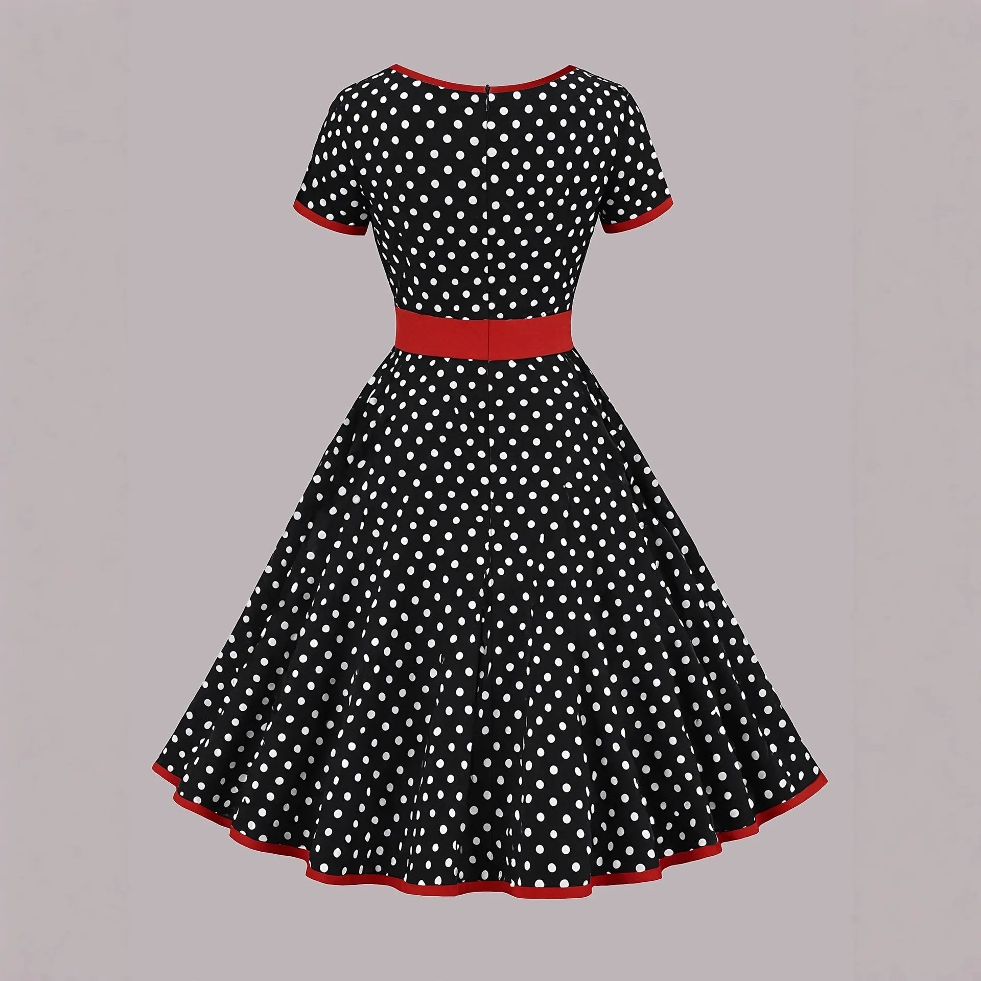Multicolour polka dot dress with a square collar, short sleeves, front zipper, and pleated mid-length skirt.