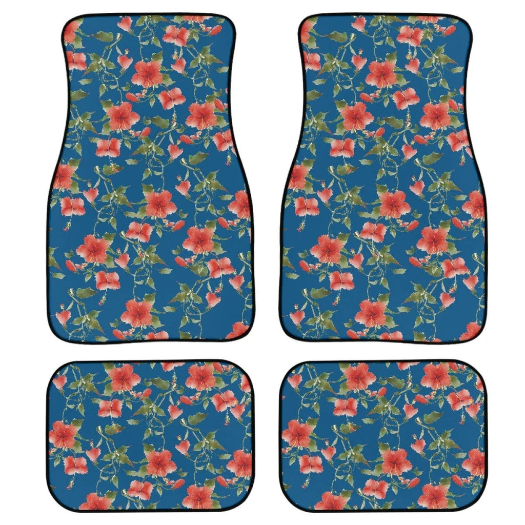 Black printed rubber car foot mat set showing textured surface and raised edges.