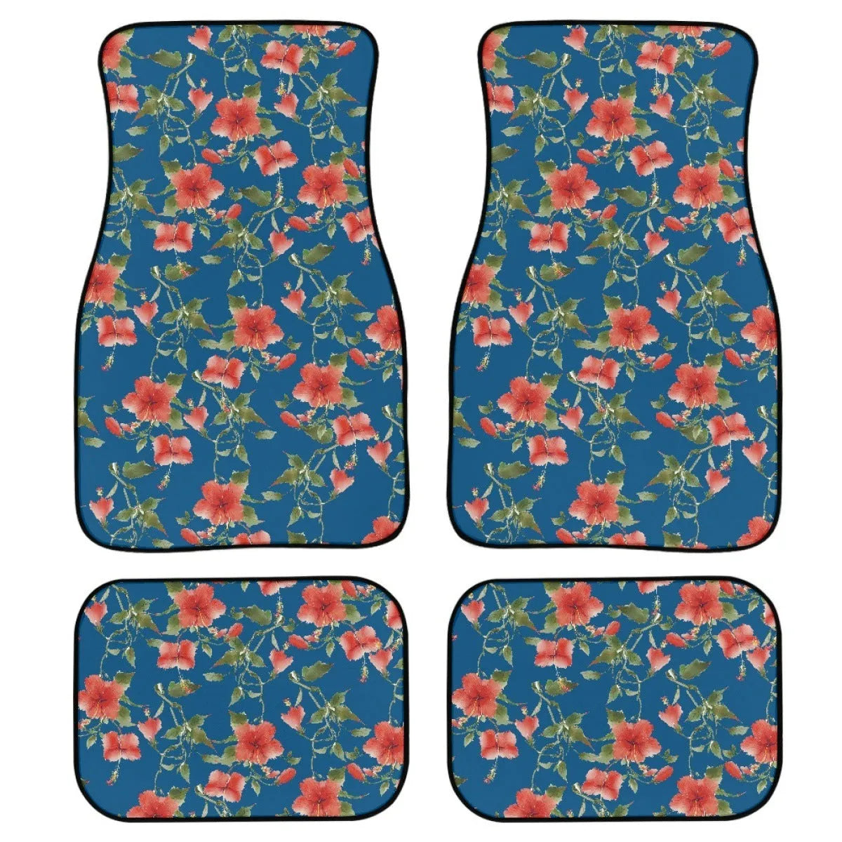 Black printed rubber car foot mat set showing textured surface and raised edges.