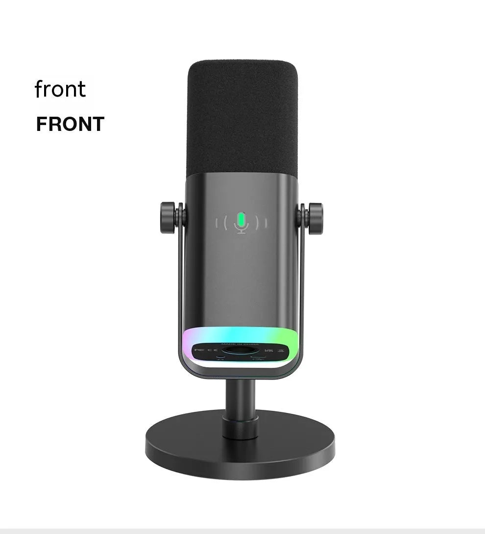 Dynamic noise reduction microphone in black, pink, or white with XLR and USB cables on a desk.