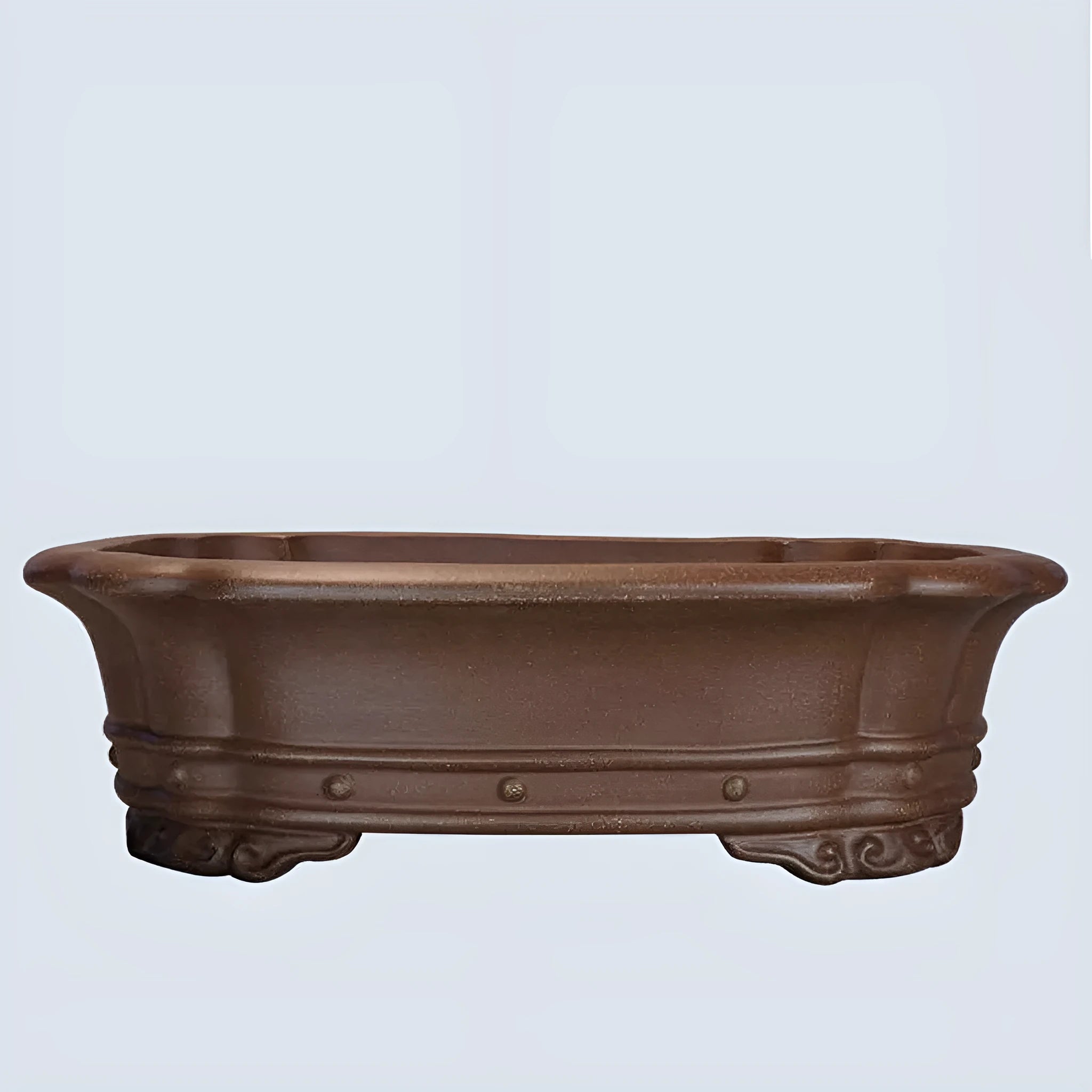 Purple sand rectangular begonia flower pot with antique finish on desktop