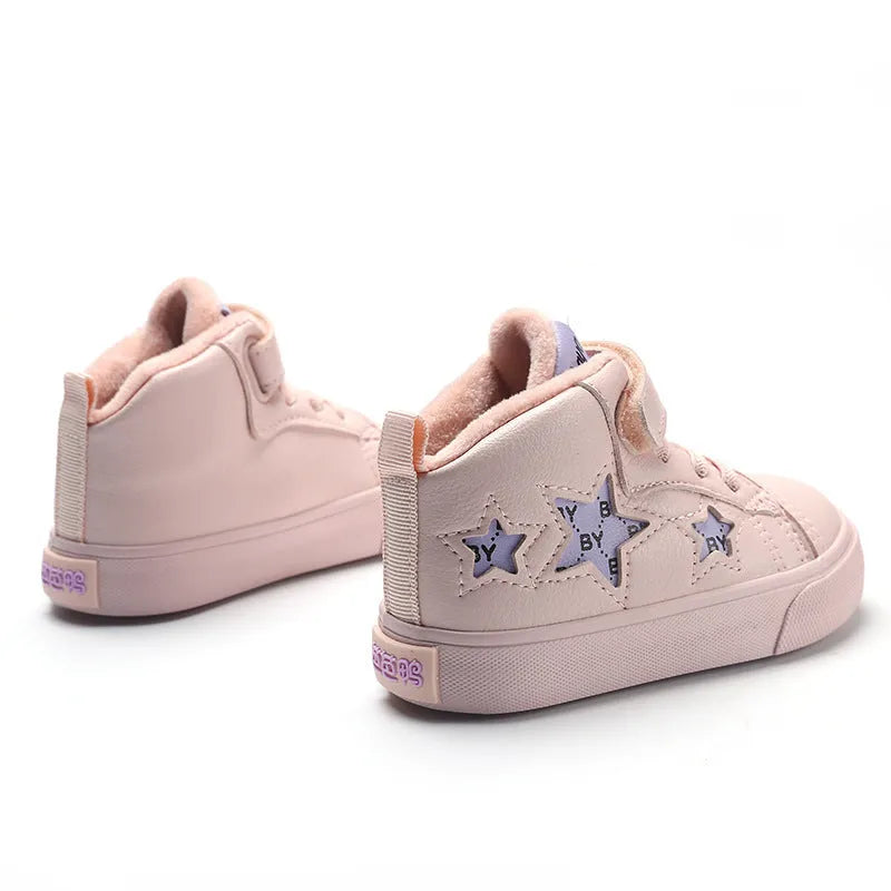 Stars toddler shoes with Velcro fastening, beige and girlish pink, microfiber upper and rubber sole