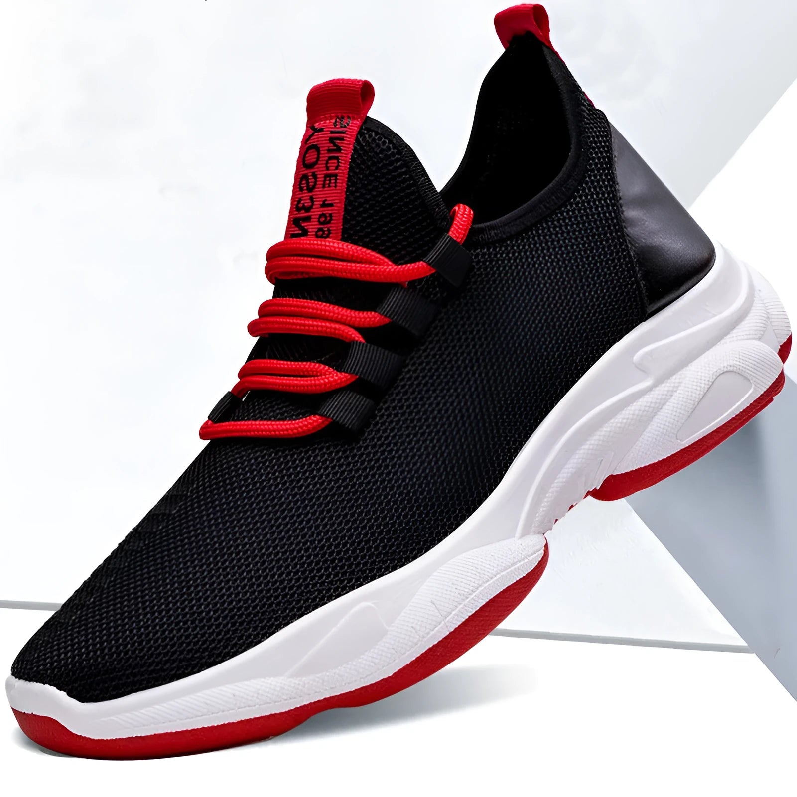 Men's black white breathable mesh lace-up casual sneakers with plastic sole and flat heel