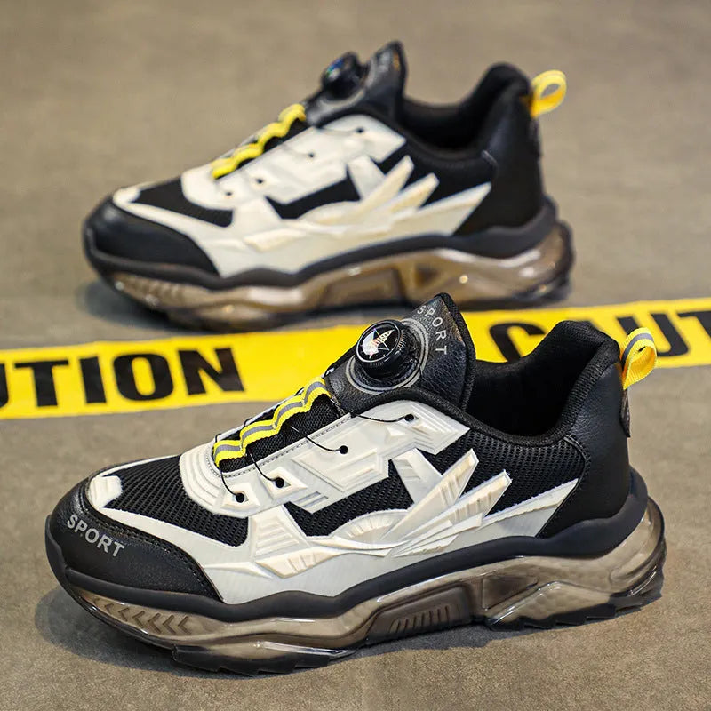 Men's black rotating button casual shoes with mesh upper and platform sole