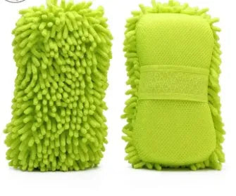 Silvery green car wash sponge showing microfiber chenille texture and 14x25cm dimensions
