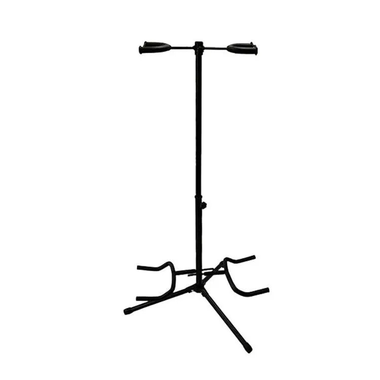 Black vertical double-headed adjustable iron guitar stand holding two guitars.