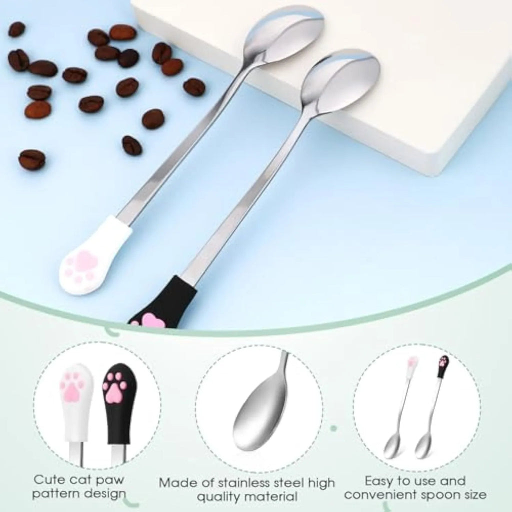 White and black stainless steel pet food spoons with cat paw print and silicone grip