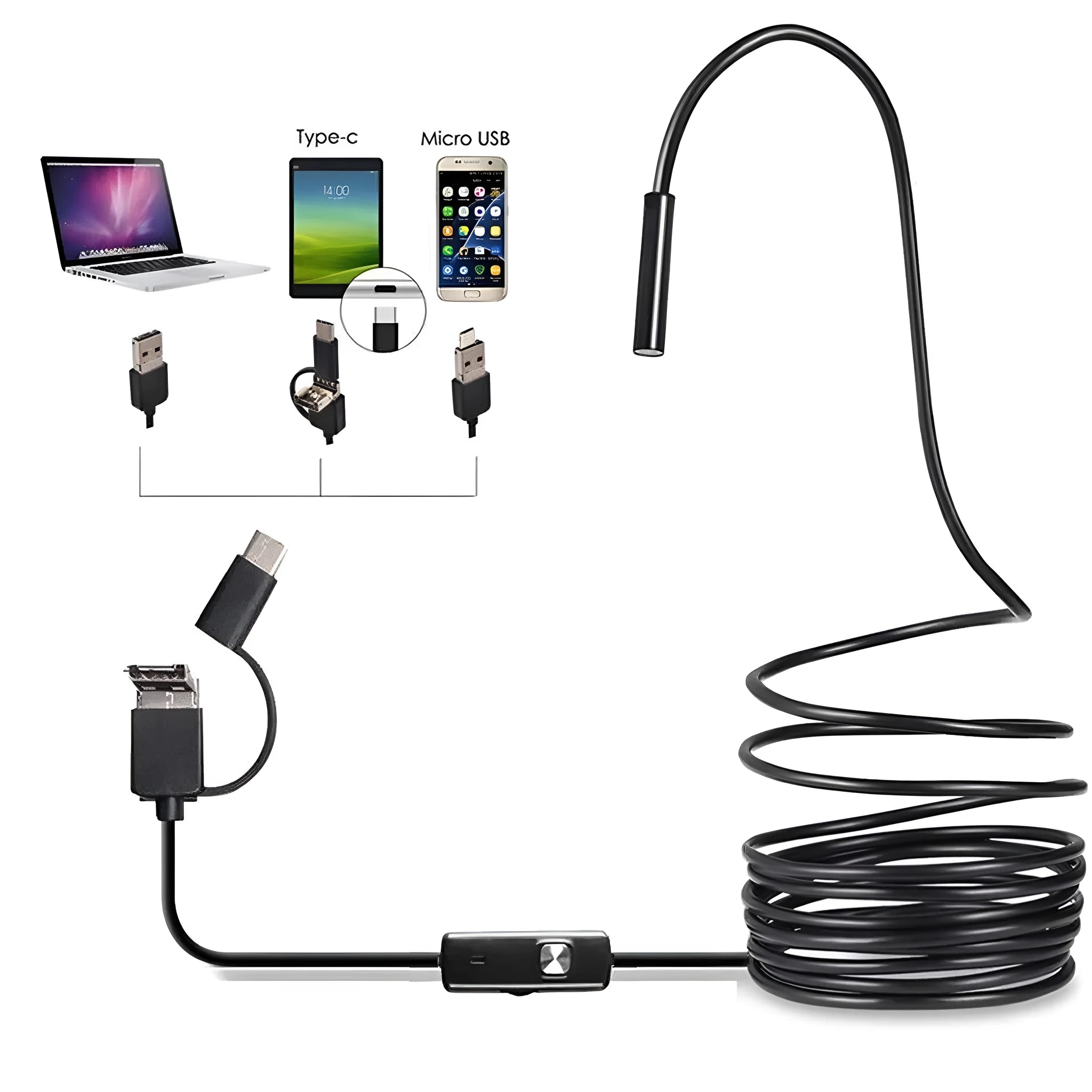 3-in-1 USB Type-C endoscope kit with flexible cable, waterproof probe, side mirror, hook, and magnet on a white background.