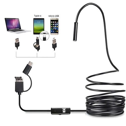3-in-1 USB Type-C endoscope kit with flexible cable, waterproof probe, side mirror, hook, and magnet on a white background.