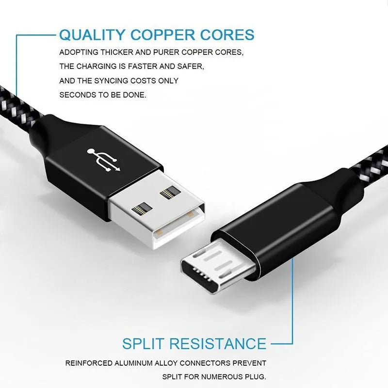 Braided fast charging Micro USB cable for Android phones in black and white colour.