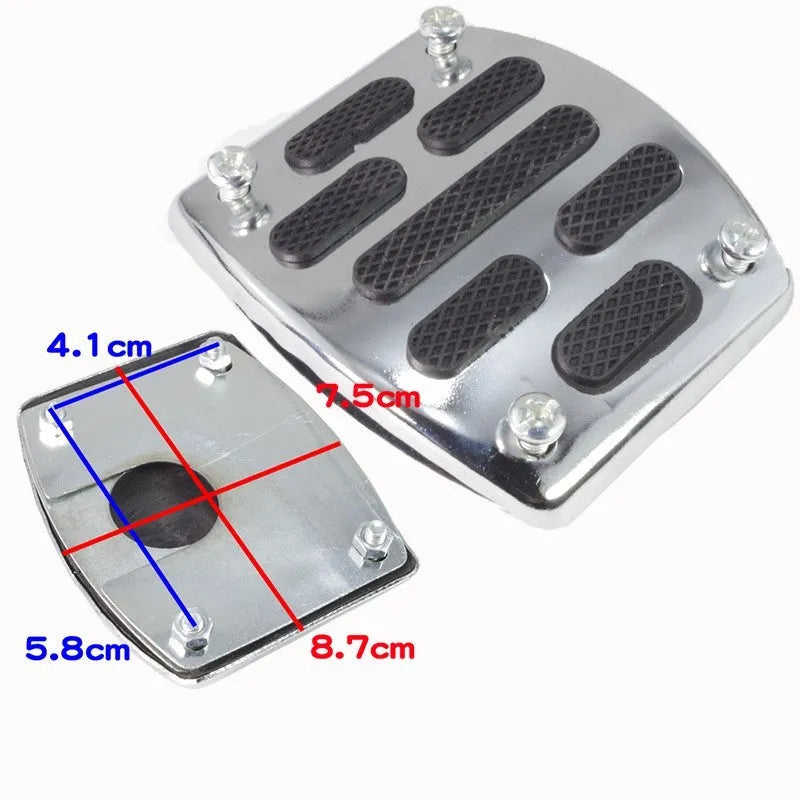 Metal motorcycle brake pedal skid plate replacement part shown in three design variants.