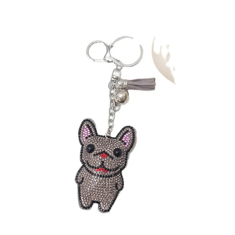 Cartoon French bulldog rhinestone keychain pendant in alloy with electroplated finish