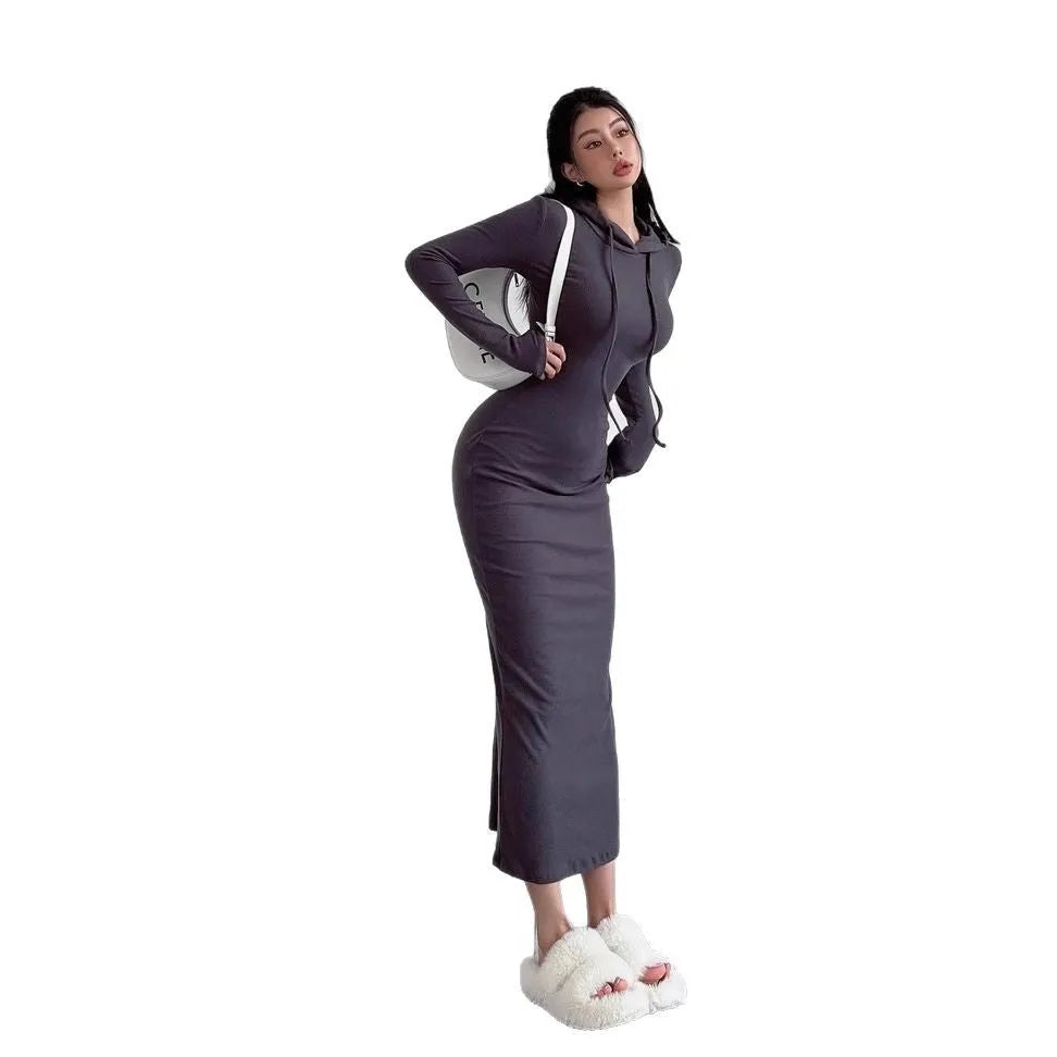Women's grey hooded long sleeve sheath dress with an over-the-knee length