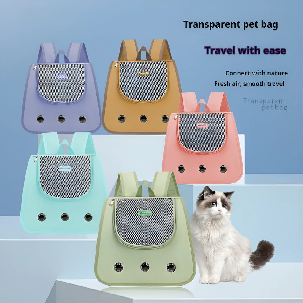 Khaki coloured Oxford fabric cat carrier backpack shown from the side, with ventilation panels and backpack straps.