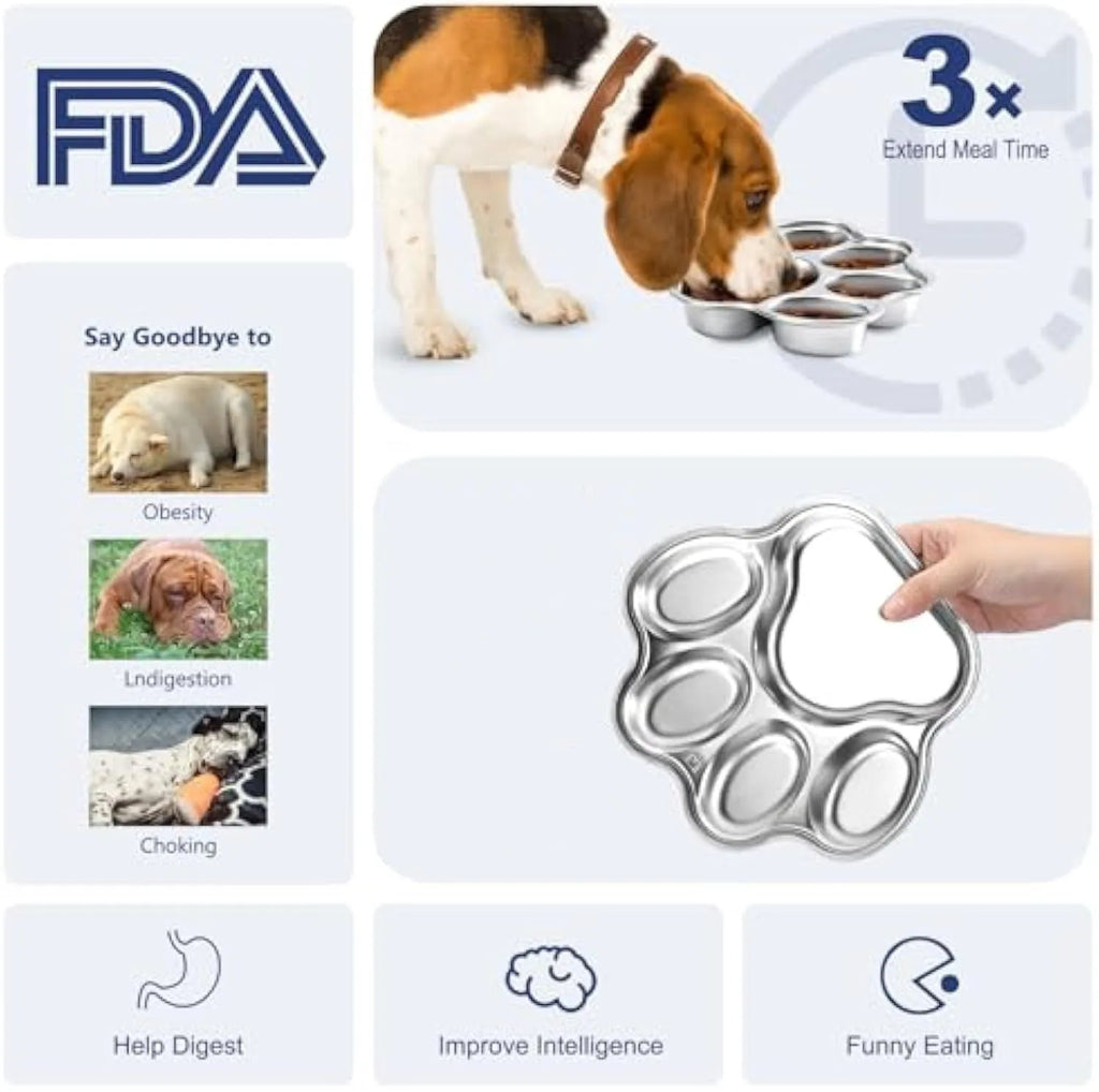 Silver stainless steel slow feeder dog bowl with raised ridges for slowing eating, 2 cup capacity, non-slip base, on a light background