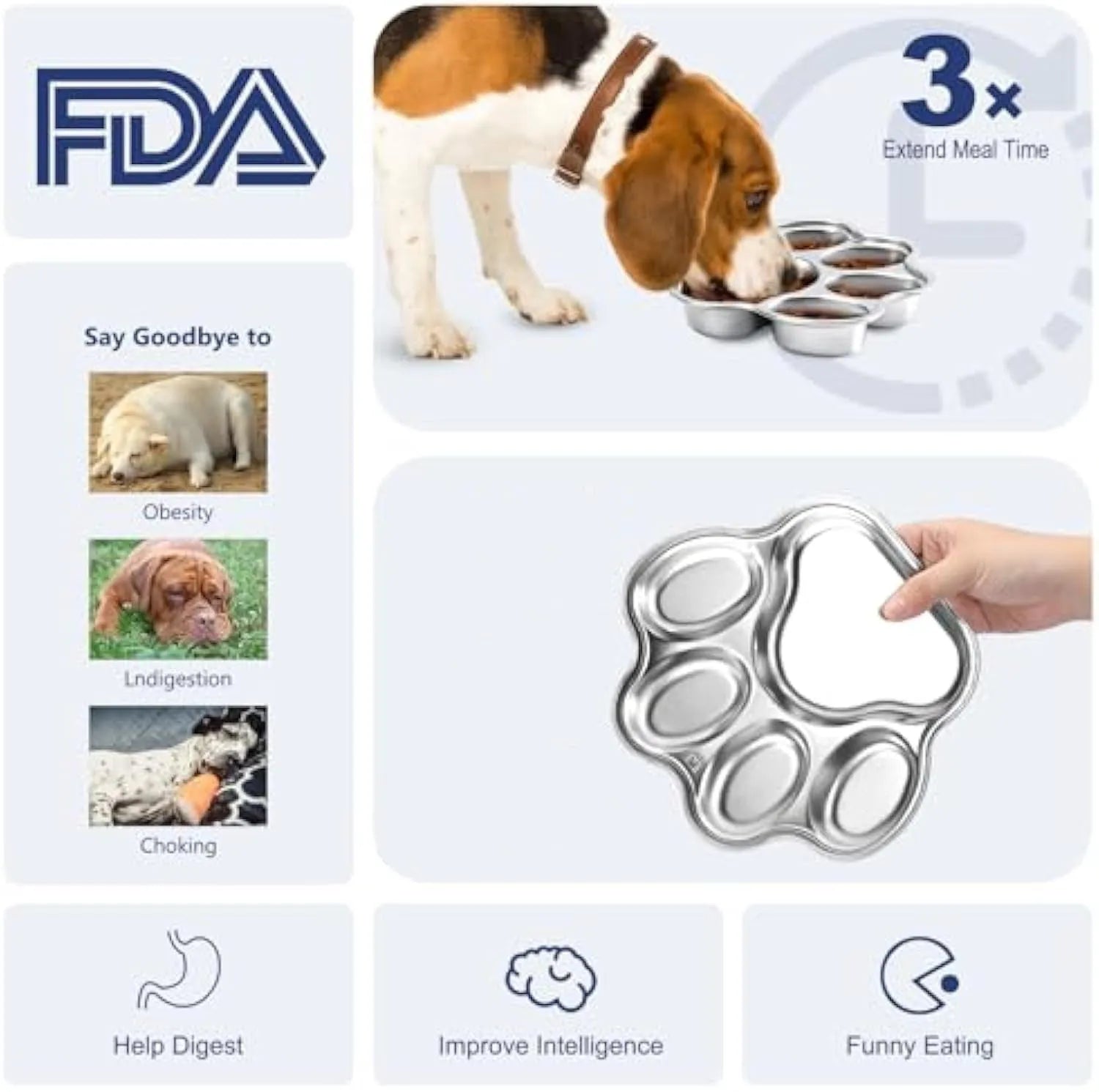 Silver stainless steel slow feeder dog bowl with raised ridges for slowing eating, 2 cup capacity, non-slip base, on a light background