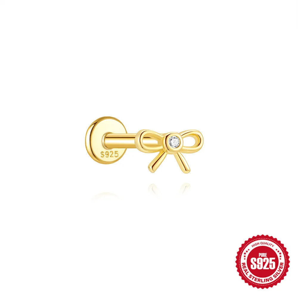 S925 sterling silver bow pendant ear bone stud bracelet necklace jewellery set with gold electroplated finish on O-shaped chain
