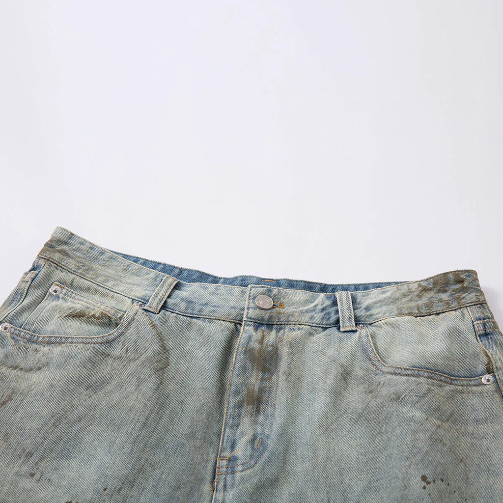 Pu Shuai cropped washed blue denim trousers with straight leg and zipper fly