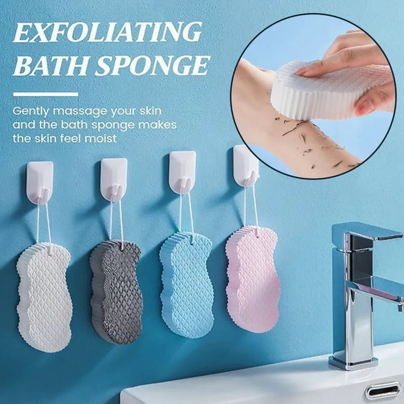 White bath sponge with fish scale pattern and hanging loop for bathroom exfoliation