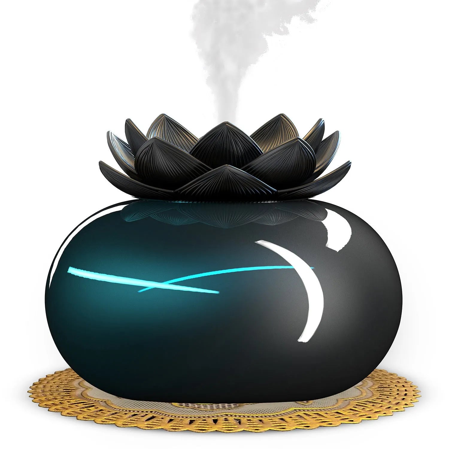 Pure black round ultrasonic aromatherapy humidifier with USB cable for power.