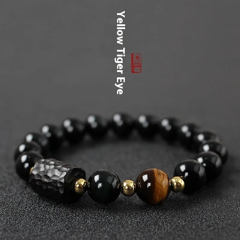 Handmade obsidian bracelet with 10mm tiger eye agate beads in unisex design