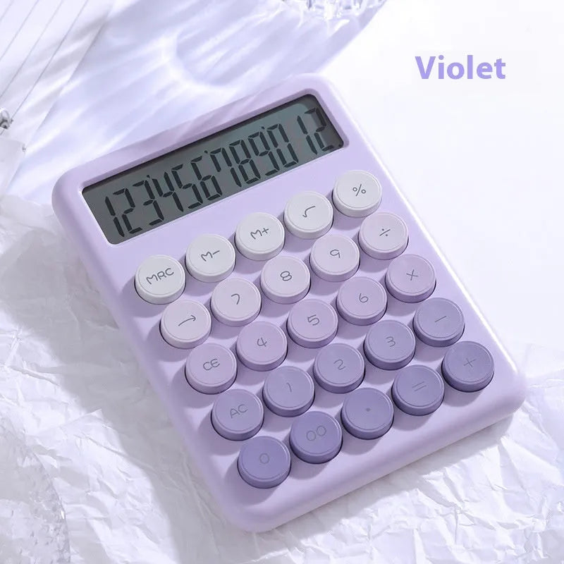 Desktop calculator with colourful gradient design in violet, cherry blossom, blue, and mint green tones