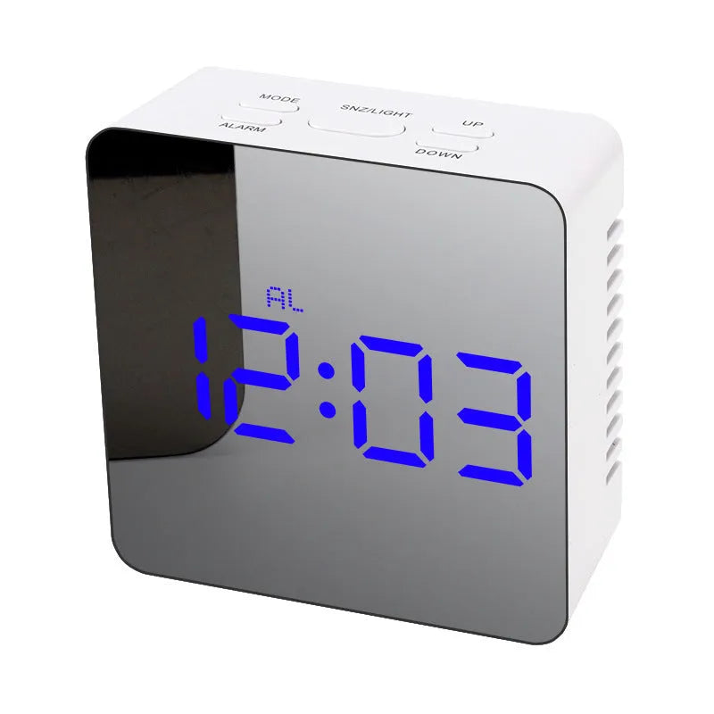 LED digital mirror desktop alarm clock with USB cable, plastic shell, rectangular white light
