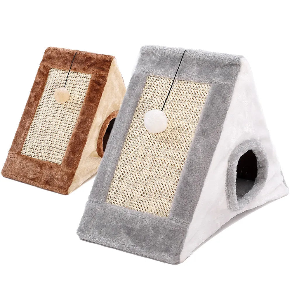 Triangular cat scratching toy and pet bed with sisal surfaces and plate fur covering in grey white colour
