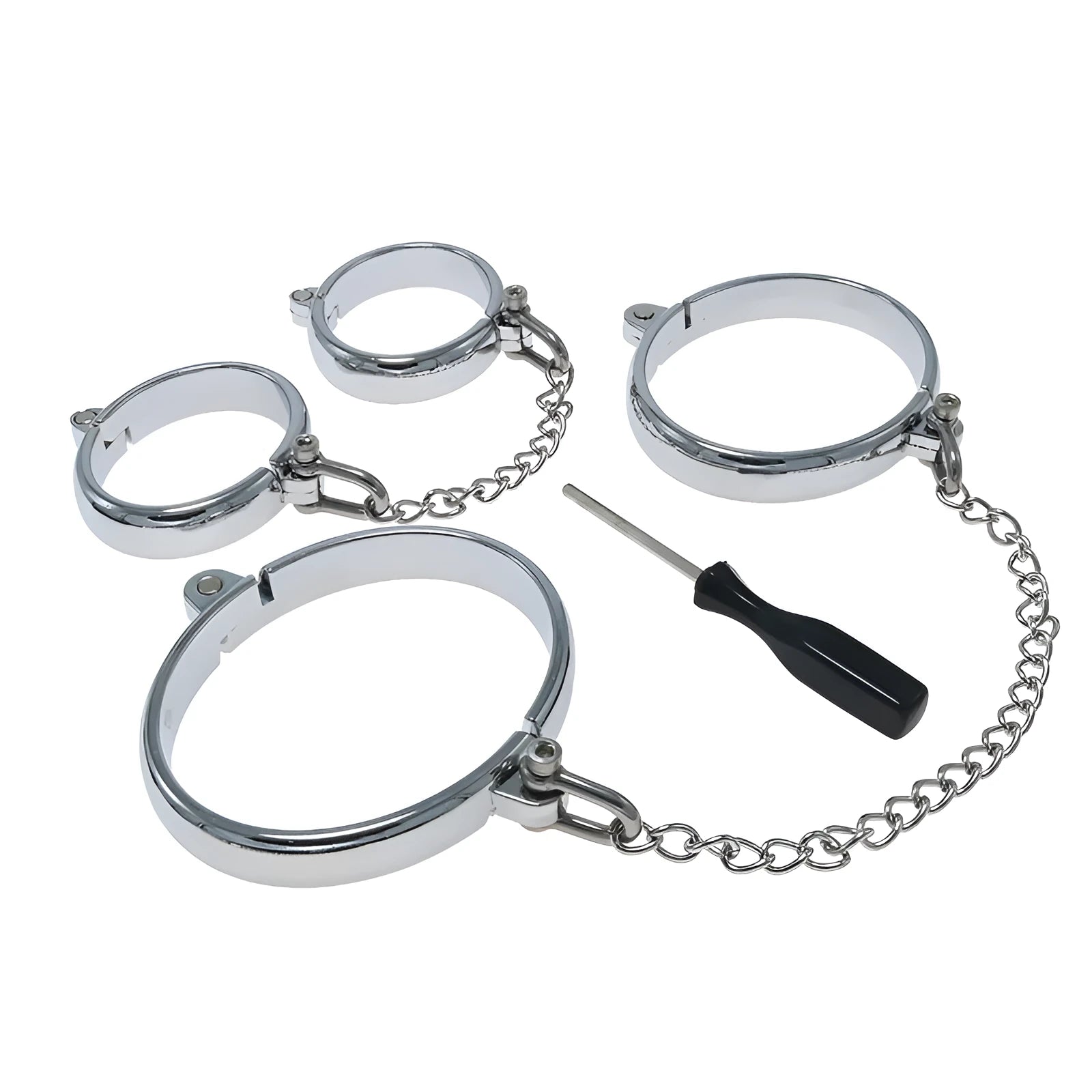 Polished silver handcuffs and footcuffs set with stainless steel components for adult role play accessories