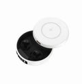 Mini semi-in-ear wireless headphones with a charging case in black, blue, and white colour options.