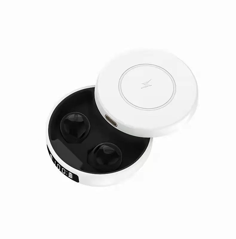 Mini semi-in-ear wireless headphones with a charging case in black, blue, and white colour options.