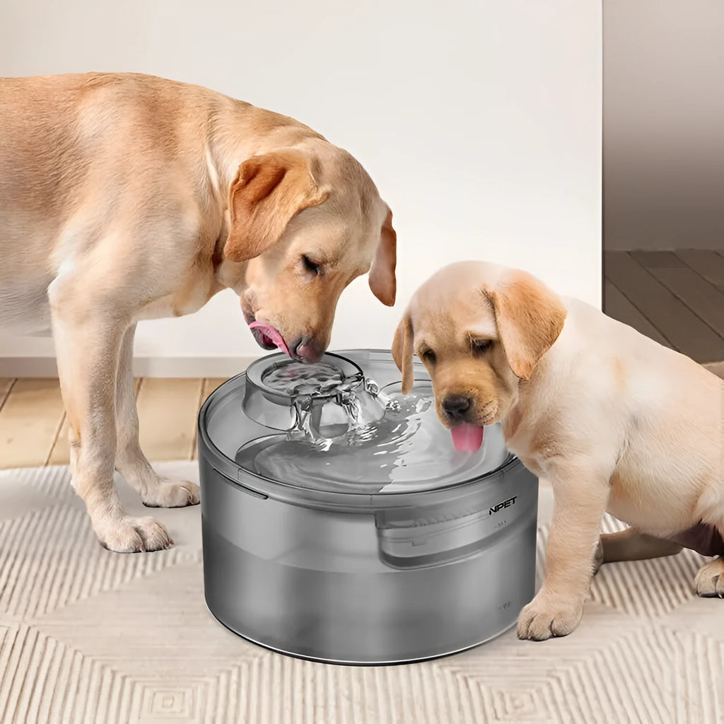 White automatic pet water fountain with flowing stream on a kitchen floor.