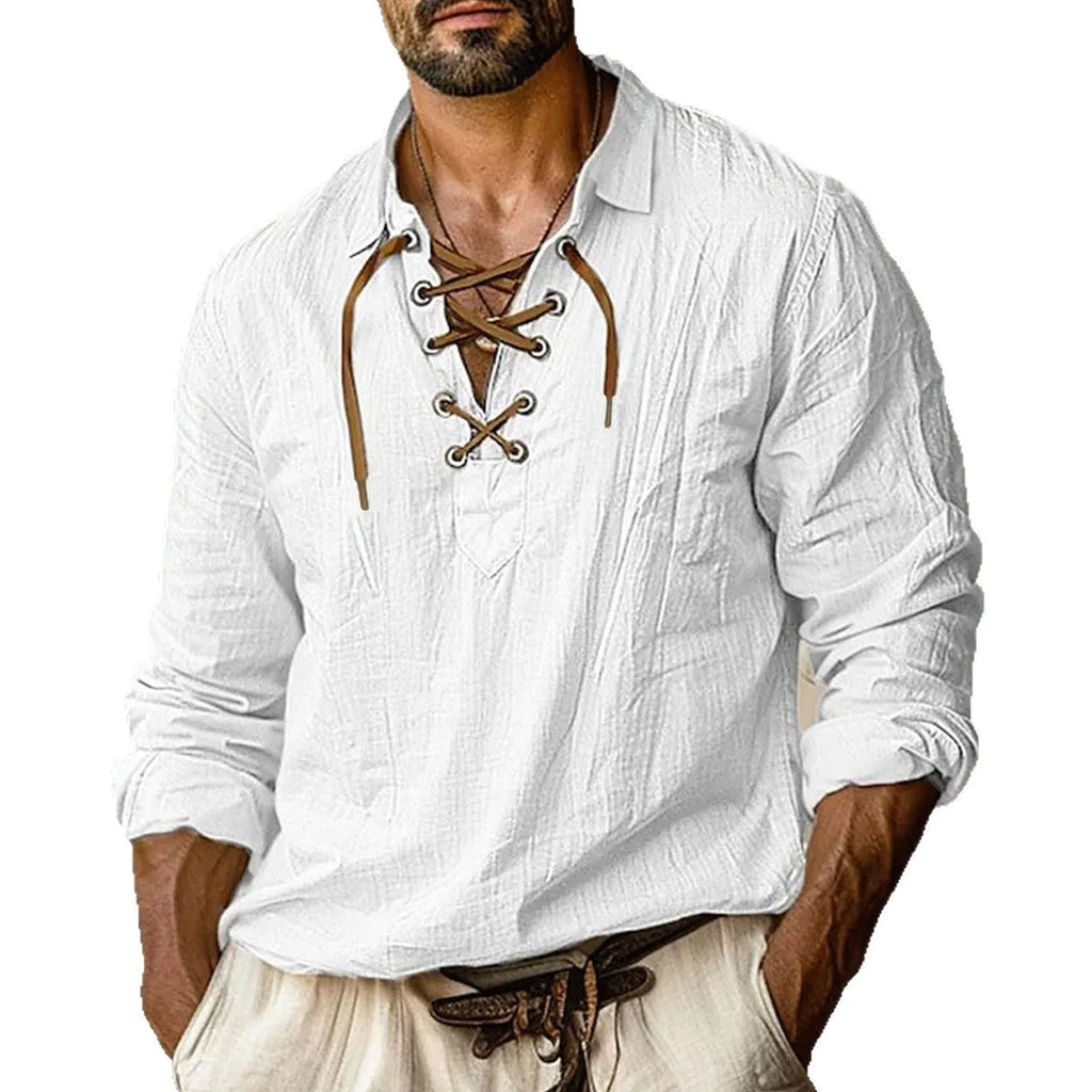 Men's blue plus size loose fit linen shirt with a lapel collar featuring white lace detail.