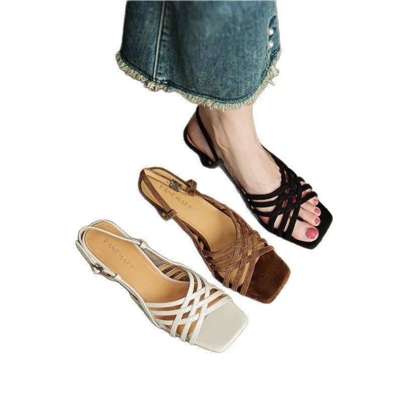 Retro light brown women's high heel sandals with thin cross straps and an ankle buckle.