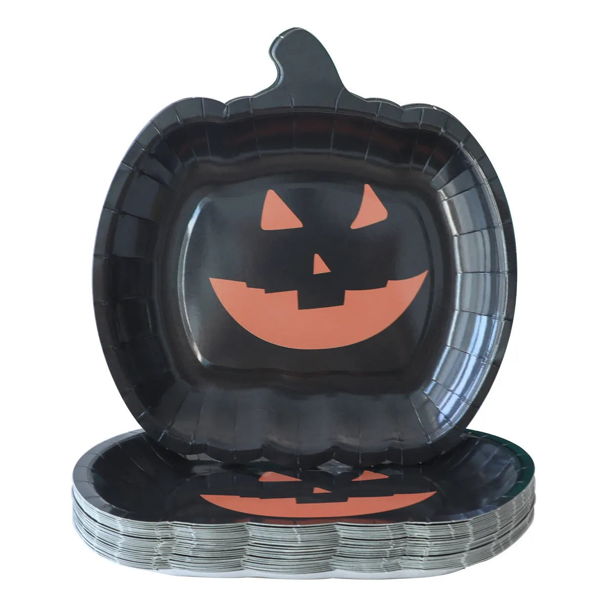 Black Halloween paper plates with pumpkin design measuring 9 inches diameter