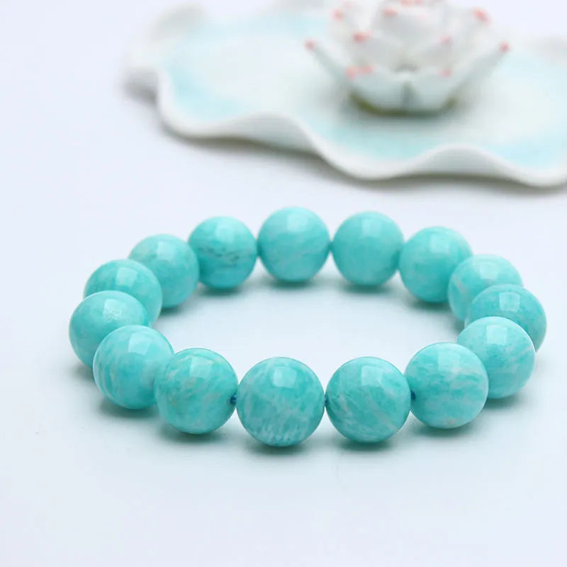 Green amazonite gemstone bead bracelet for men and women shown in three bead size options.