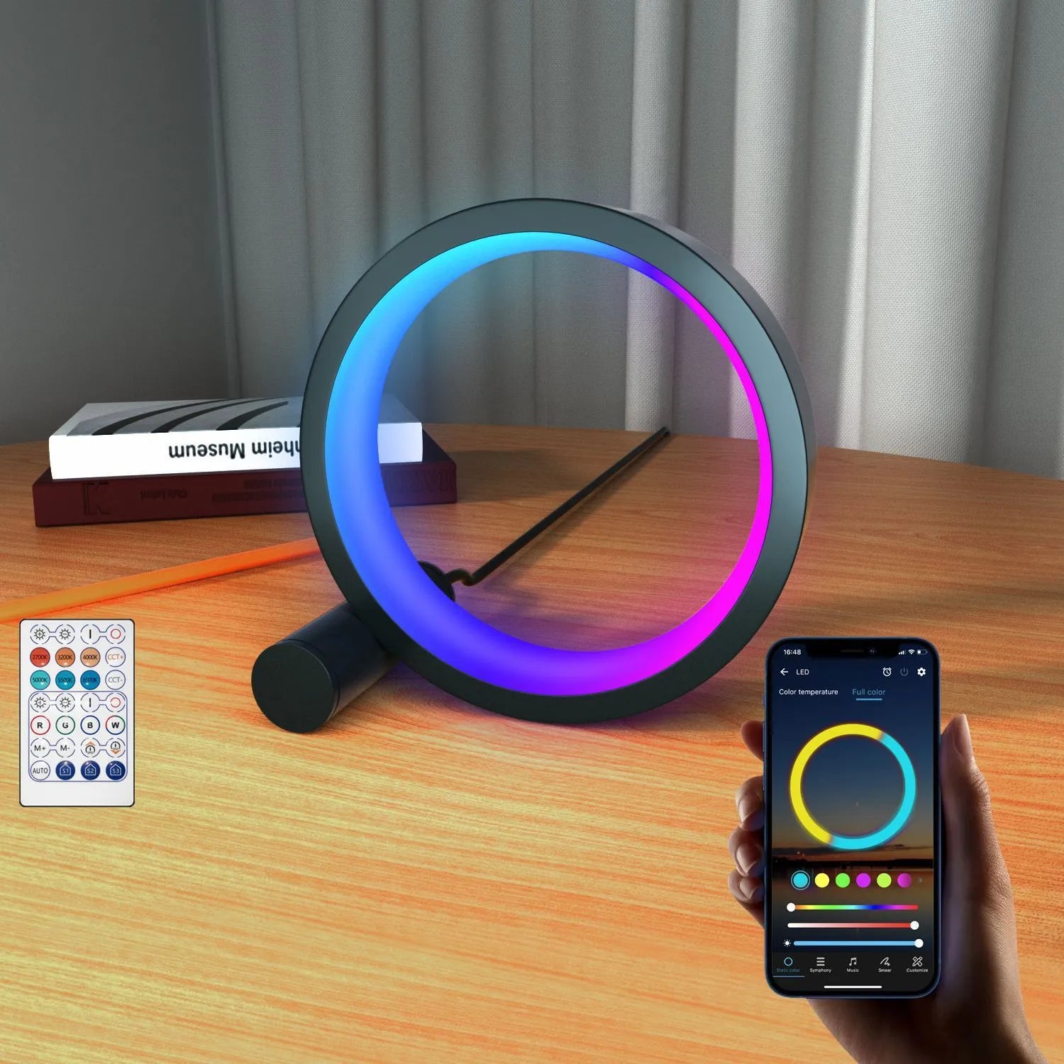 Modern aluminium smart LED atmosphere light with colourful projection, showing app and music control.