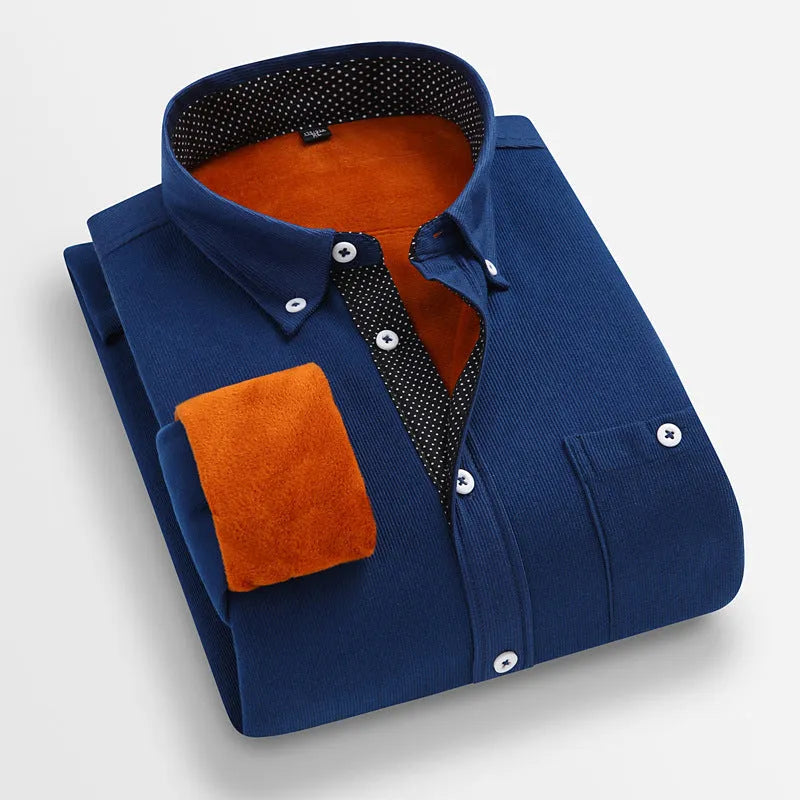 Men's casual flannel shirt in navy blue, long sleeve, loose fit, wrinkle-free linen fabric for winter