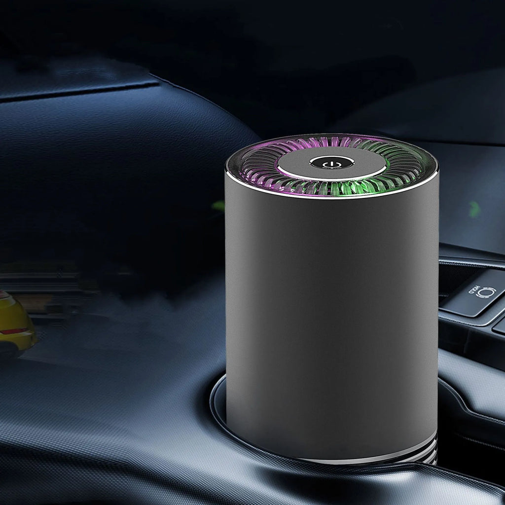 Compact aluminium alloy car wireless air purifier in black, silver, or metallic grey measuring 65mm by 150mm