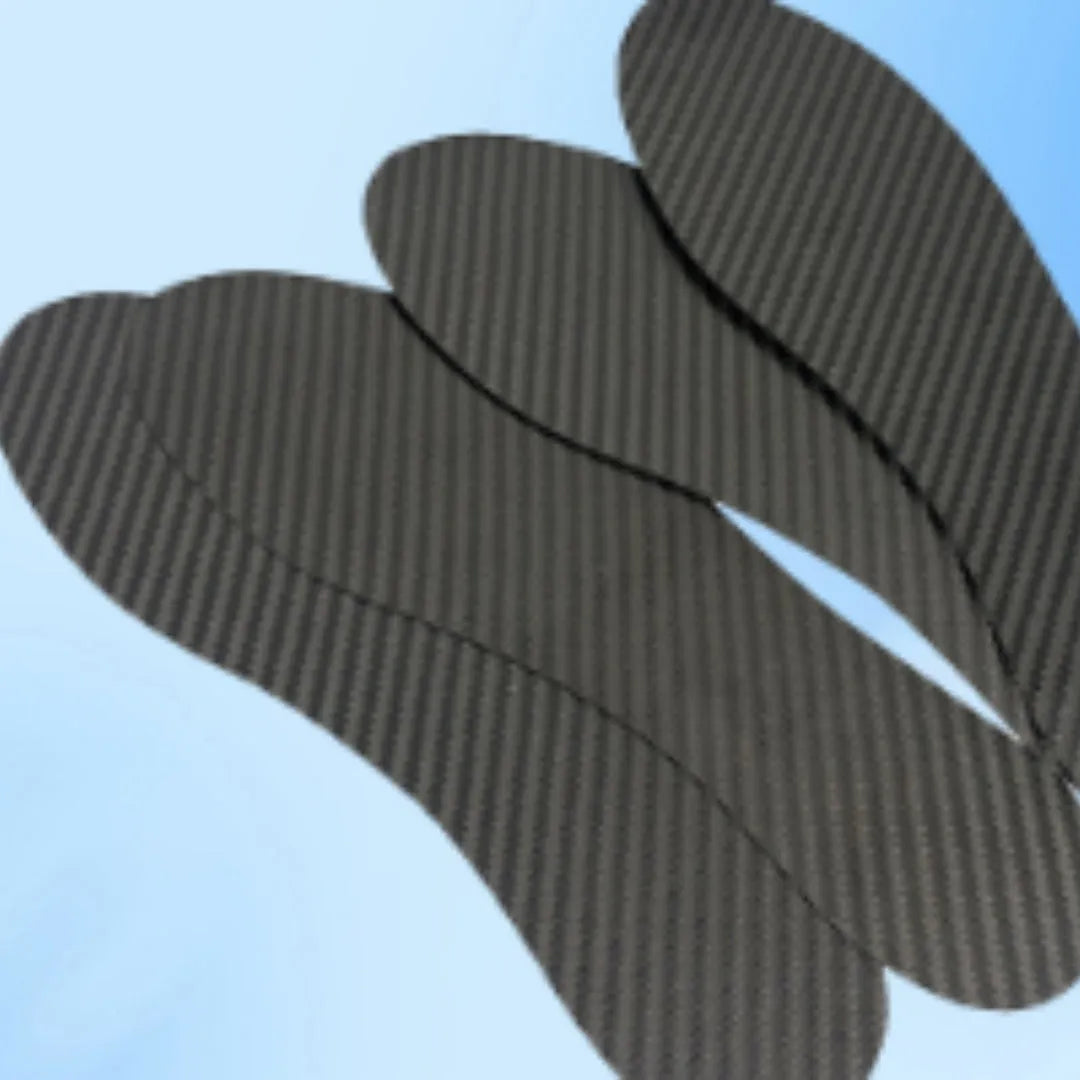 Black full palm carbon fiber running insoles showing three thickness options: 0.8mm, 1.0mm, and 1.2mm.